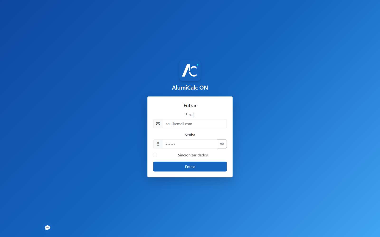 Tela de login do AlumiCalc ON, com campos de e-mail e senha
