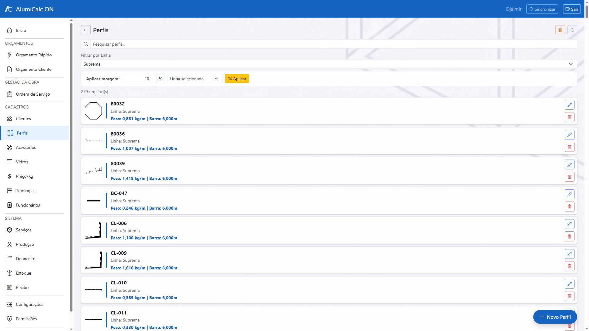 Cadastro de perfis com filtro por linha e lista de perfis