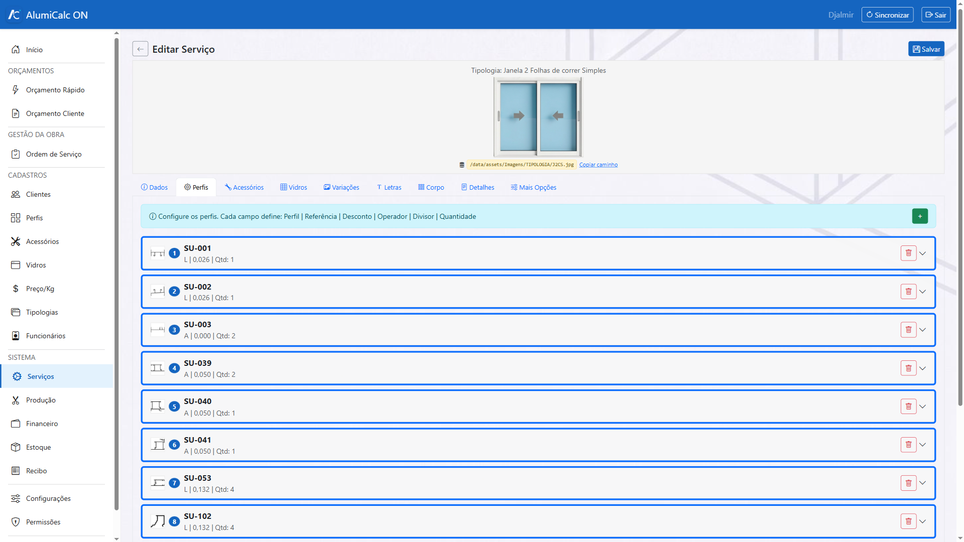 Aba Perfis do editor de serviço, com uma linha de fórmula por perfil