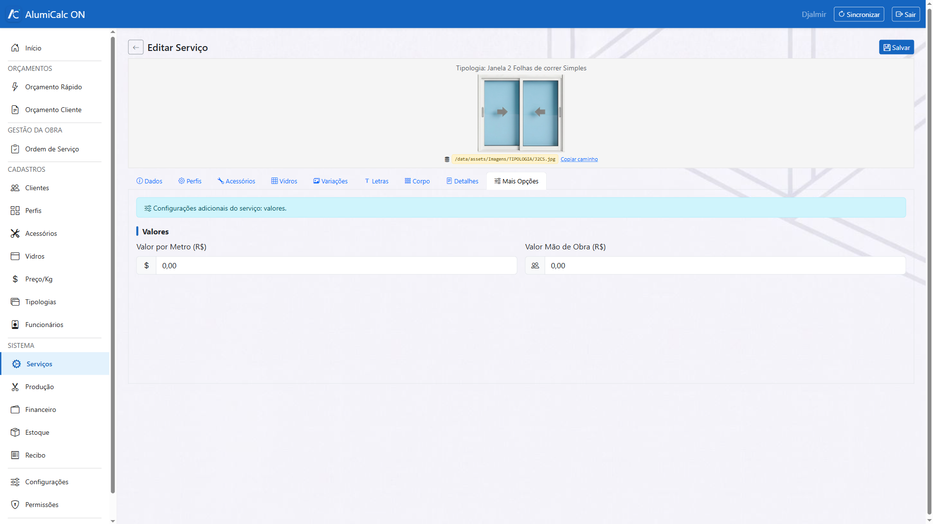 Aba Mais Opções do editor de serviço, com mão de obra e descontos de CM e arremate