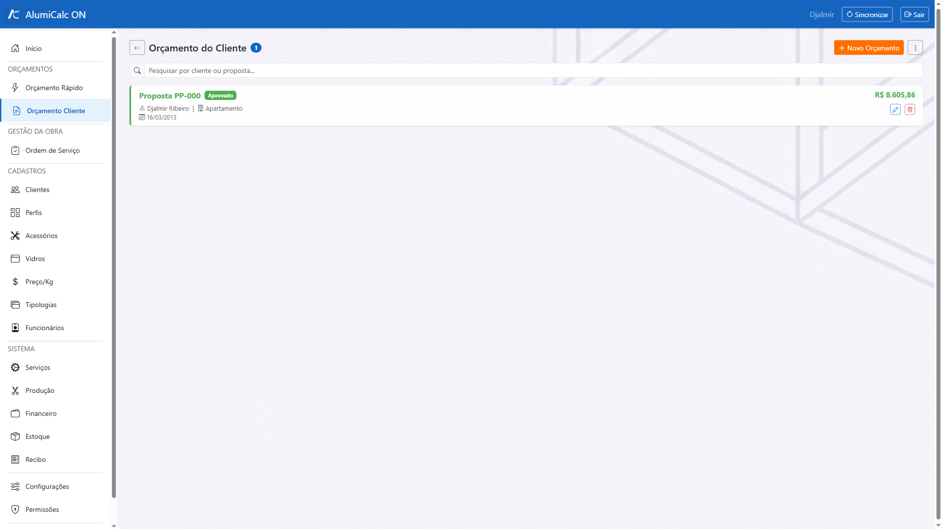 Lista de propostas do Orçamento ao Cliente