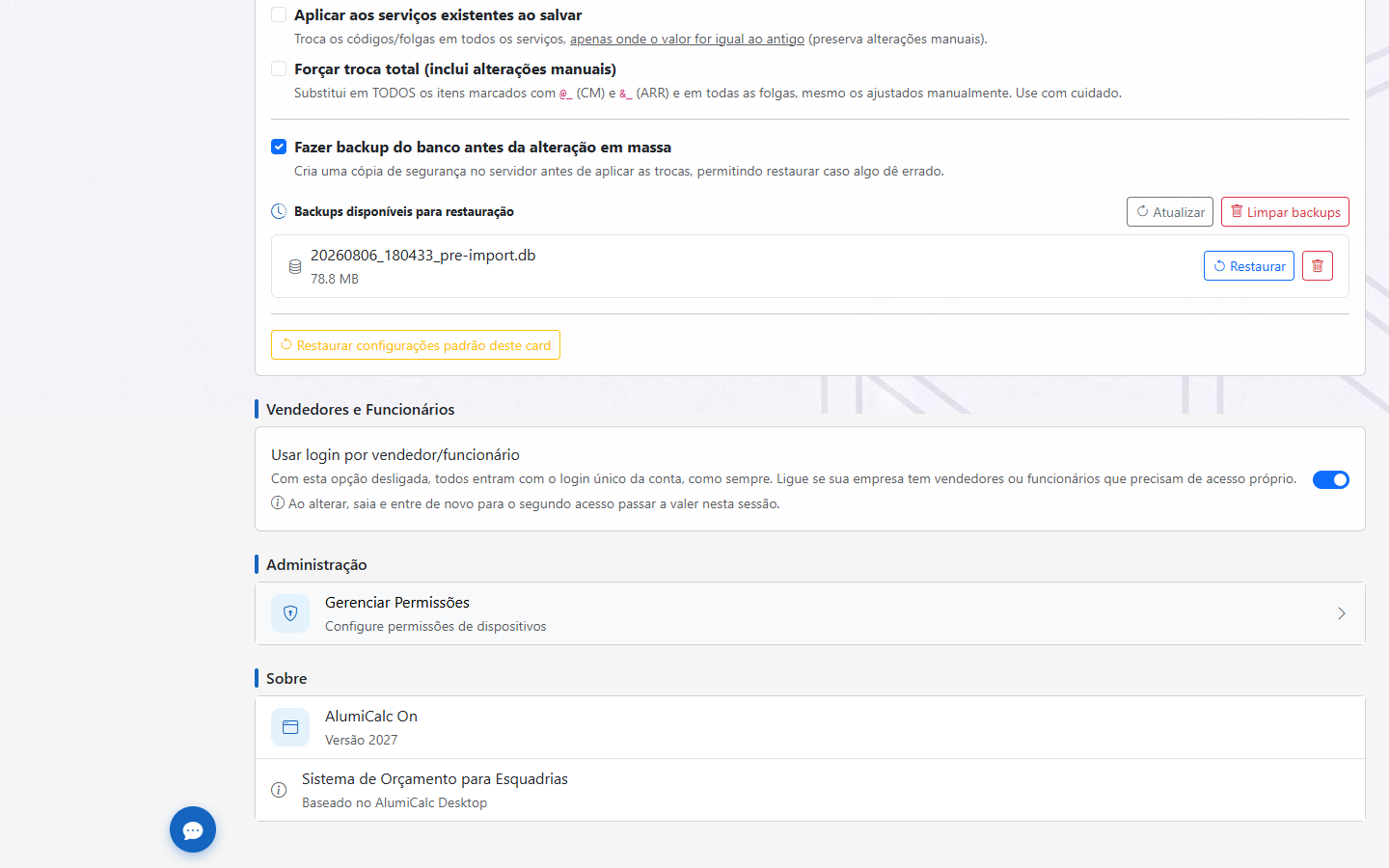 Seção Vendedores e Funcionários nas Configurações, com a chave Usar login por vendedor/funcionário ligada
