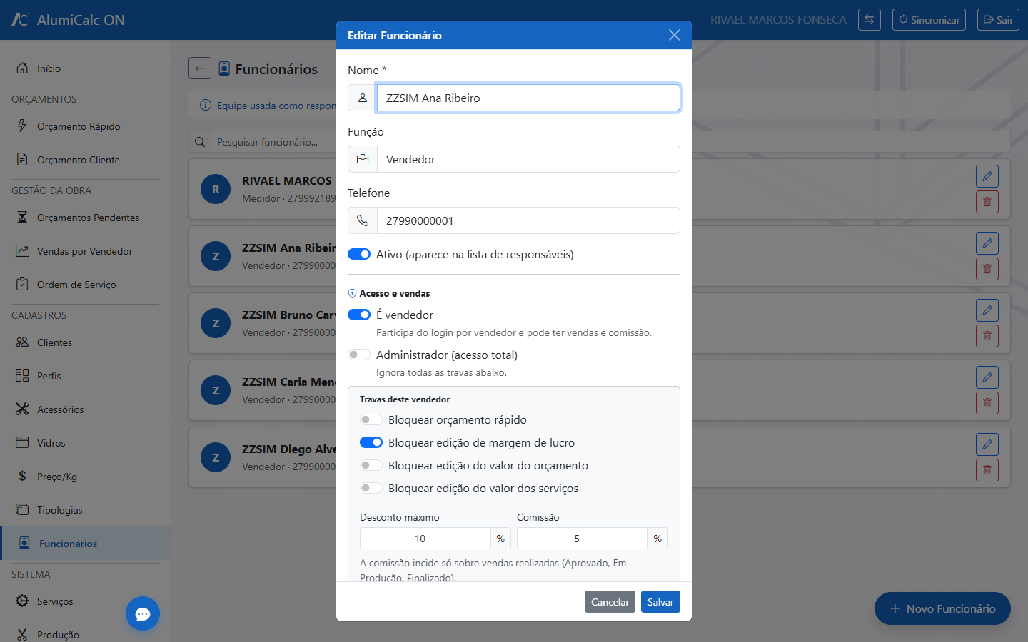 Modal Editar Funcionário com o bloco Acesso e vendas, travas, desconto máximo e comissão