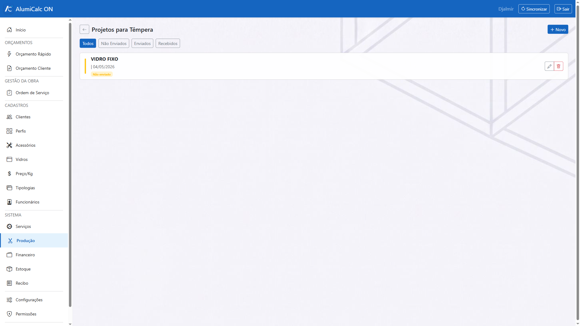 Tela de Projetos para Têmpera com os filtros de situação