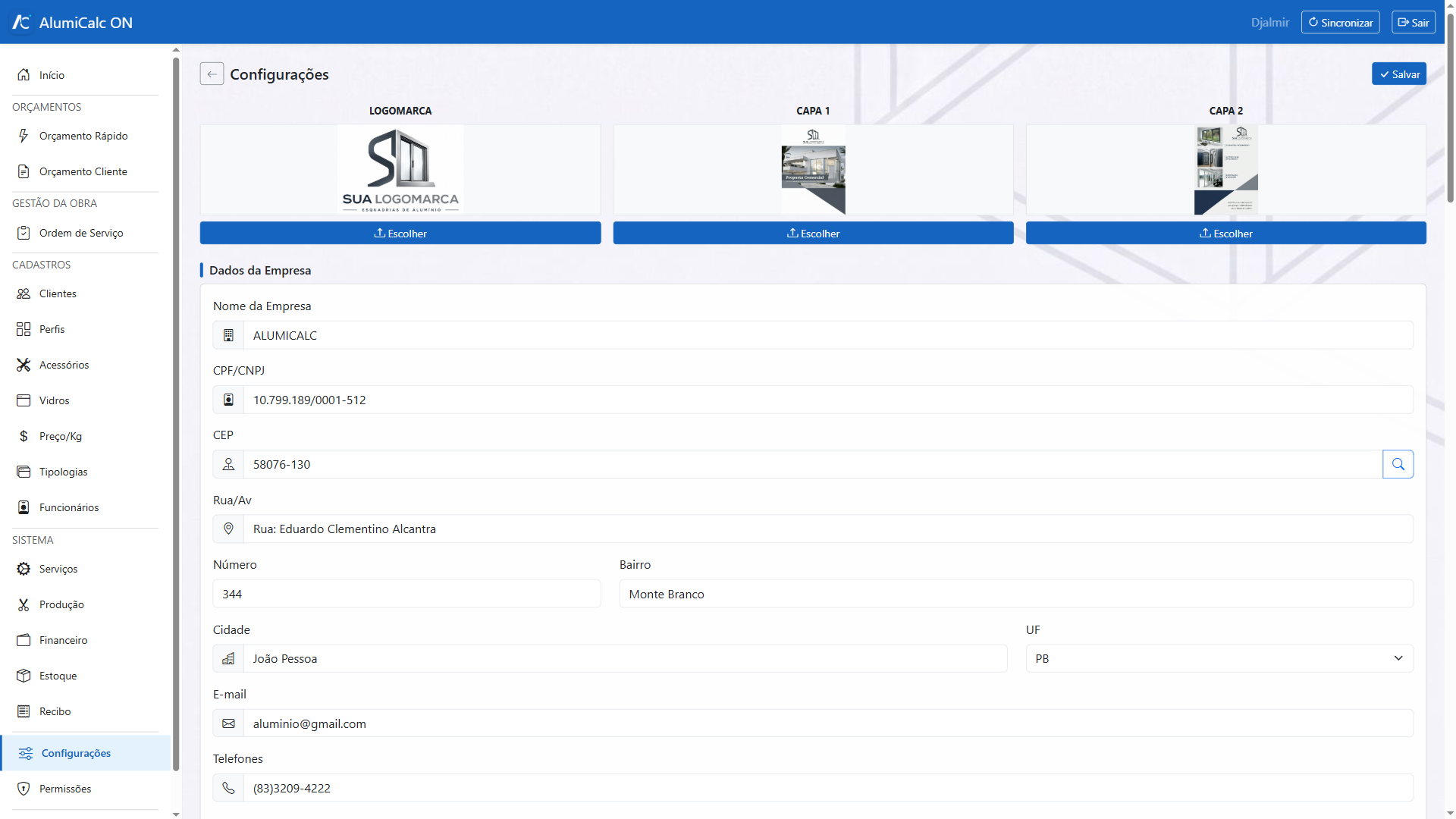 Topo da tela de Configurações, com logomarca, capas e dados da empresa