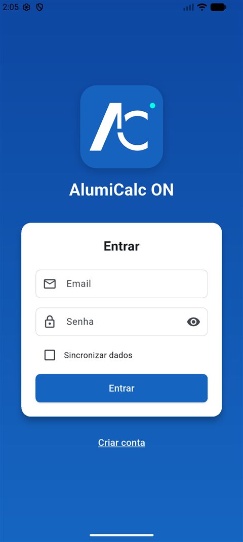 Tela de entrada do aplicativo AlumiCalc no Android, com campos de e-mail e senha