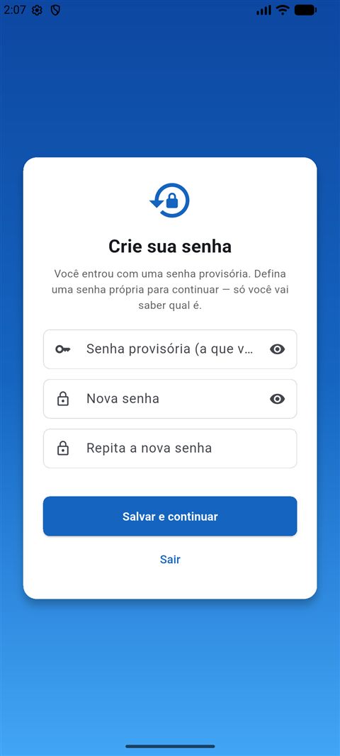 Tela Crie sua senha, com campo da senha provisória, nova senha e repetição da nova senha