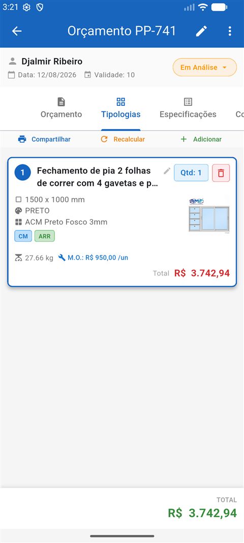 Orçamento aberto pelo vendedor, mostrando medidas, cor, vidro, peso, mão de obra e o total, sem nenhum valor de custo