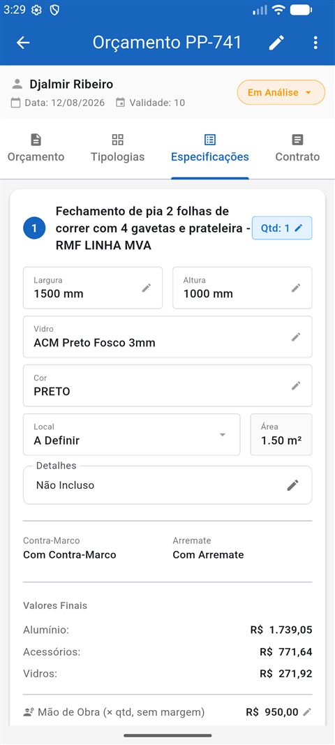 Aba Especificações mostrando os valores finais de alumínio, acessórios e vidros sem o percentual de margem nem a barra de ajuste