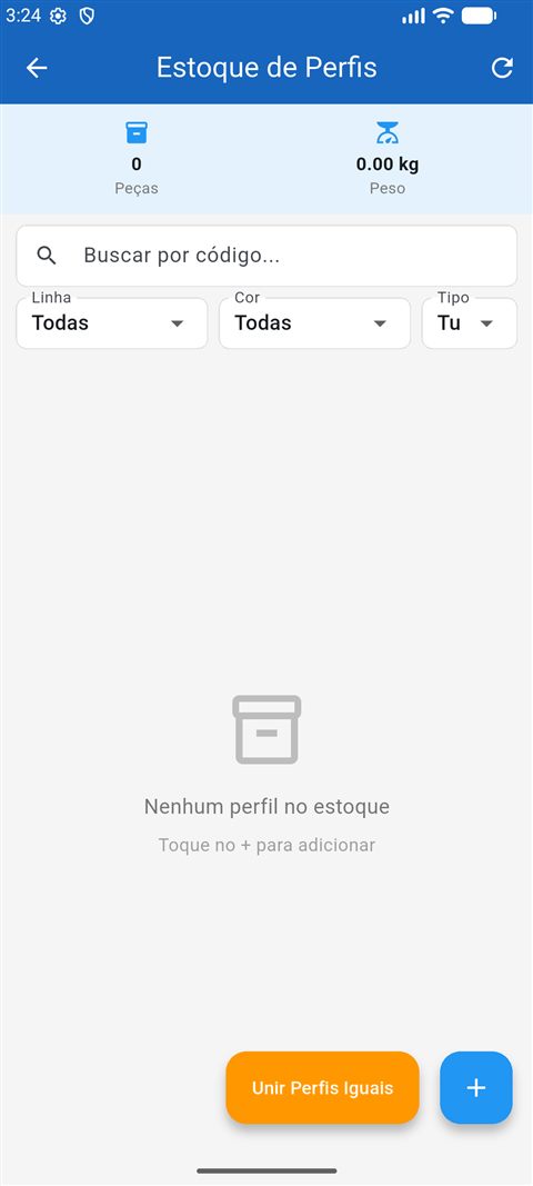 Tela de estoque de perfis mostrando apenas Peças e Peso, sem a coluna de valor