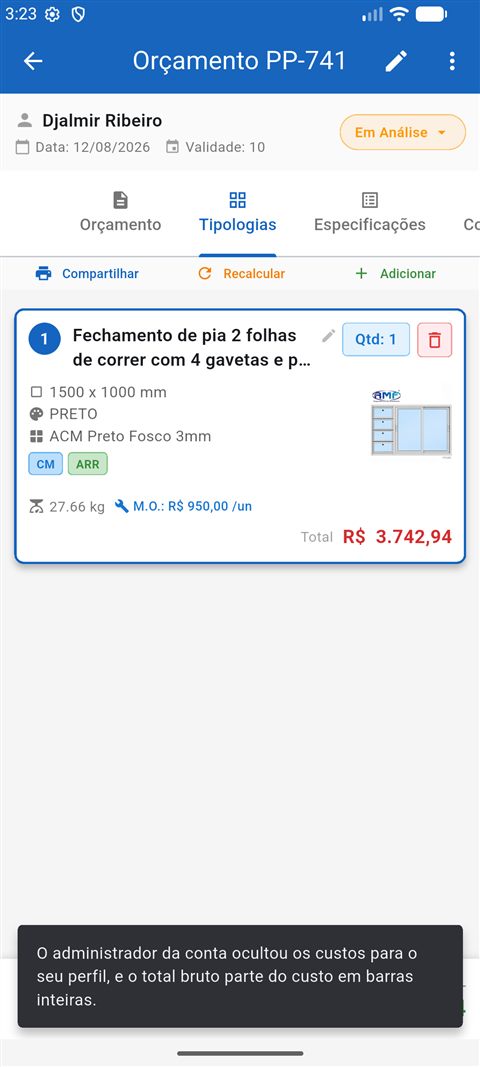 Aviso explicando que o administrador ocultou os custos e que o total bruto parte do custo em barras inteiras