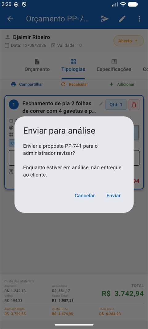 Confirmação perguntando se deseja enviar a proposta para análise do administrador